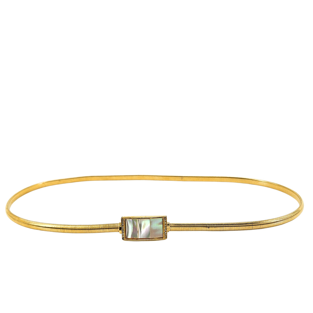 Gold-tone snake belt with rectangular iridescent buckle