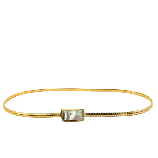 Gold-tone snake belt with rectangular iridescent buckle