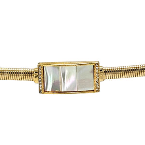 Gold-tone snake belt buckle with square iridescent panel and gold bezel