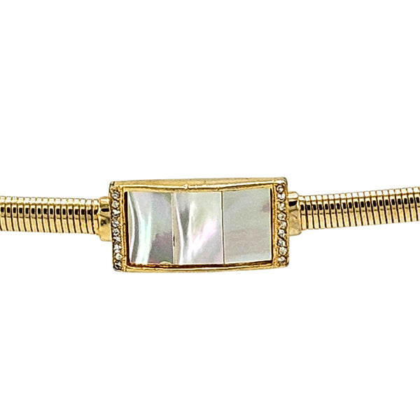 Gold-tone snake belt buckle with square iridescent panel and gold bezel