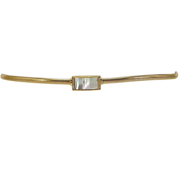 Gold-tone snake belt with center rectangular iridescent clasp