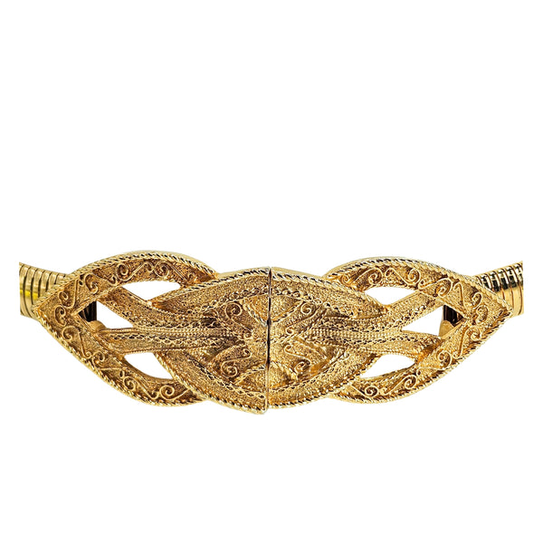 Gold stretch belt with decorative interlocking buckle and scrolled cutout design