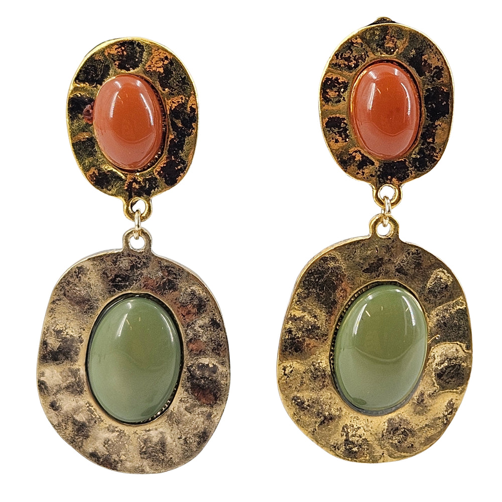 Gold-tone clip-on drop earrings with terracotta and olive cabochon ovals