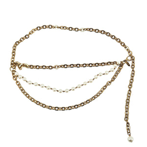 Vintage gold layered chain belt with pearl-bead center row and long hanging end