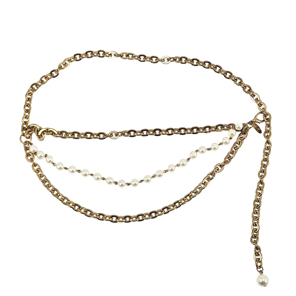 Vintage gold layered chain belt with pearl-bead center row and long hanging end