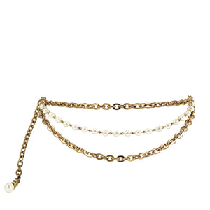 Vintage gold chain belt with faux pearl strand and dangling pearl drop