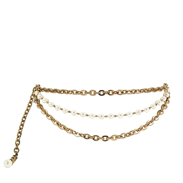 Vintage gold chain belt with faux pearl strand and dangling pearl drop