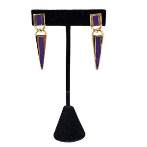 Gold-tone geometric dangle earrings with purple enamel, rectangular tops and point