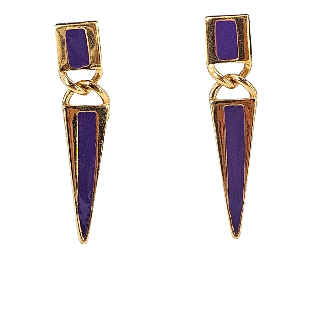 Gold-tone drop earrings with purple enamel, two-tier geometric dangle