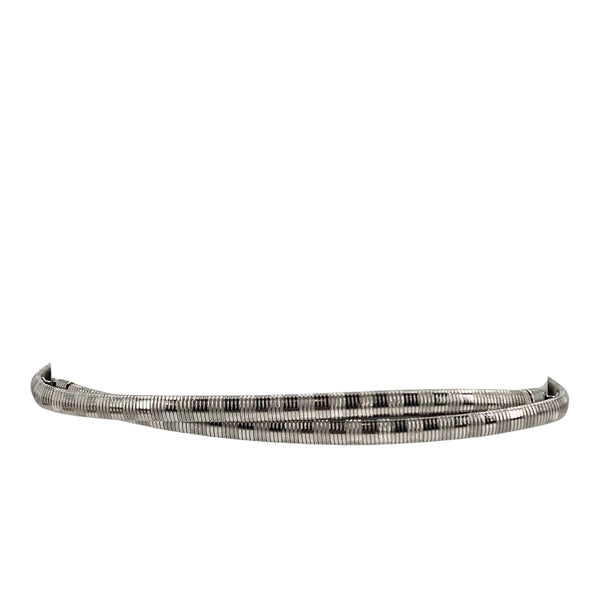 Silver snake chain stretch belt with visible edge and smooth underside