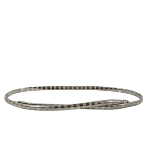 Silver snake chain stretch belt, coiled flat with black accent squares