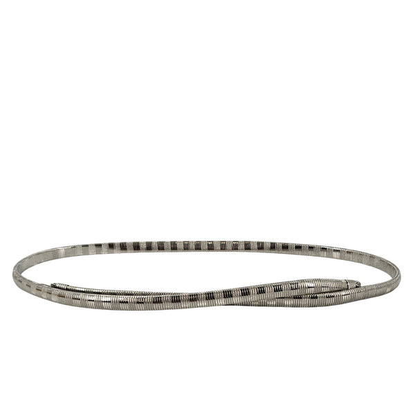 Silver snake chain stretch belt, coiled flat with black accent squares