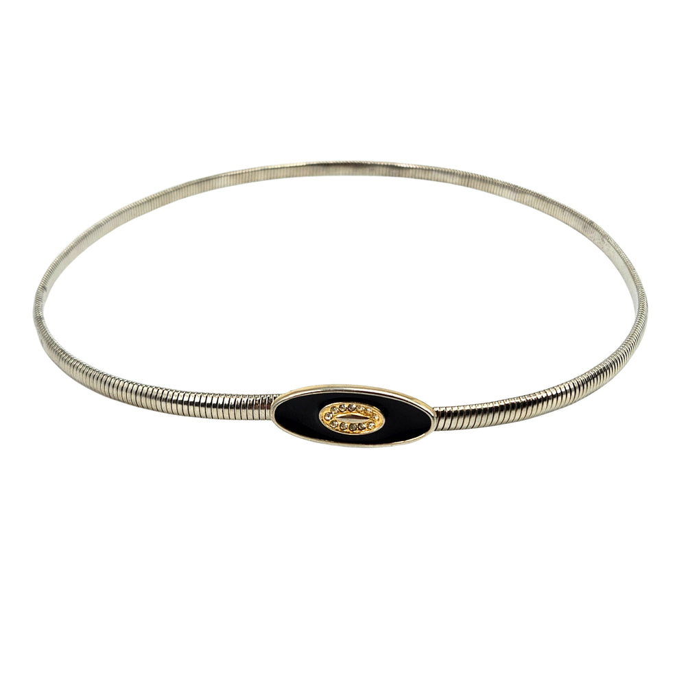 Silver-tone snake chain stretch skinny belt with black oval buckle and gold crest