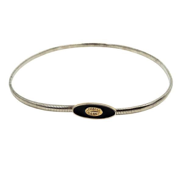 Silver-tone snake chain stretch skinny belt with black oval buckle and gold crest