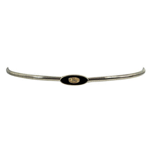 Silver-tone snake chain stretch skinny belt with centered black oval buckle