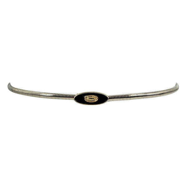 Silver-tone snake chain stretch skinny belt with centered black oval buckle