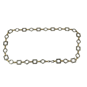 Silver-tone chain belt with alternating open square and round links.