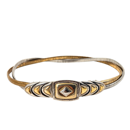 Two-tone metal snake chain stretch belt with ornate oval centerpiece buckle