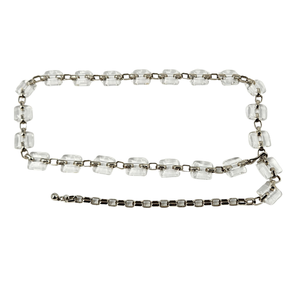 Clear lucite cube chain belt with silver-tone links and long drop detail