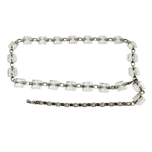 Clear lucite cube chain belt with silver-tone links and long drop detail