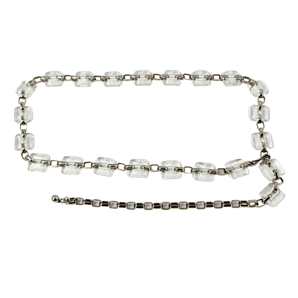 Clear lucite cube chain belt with silver-tone links and long drop detail