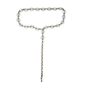 Silver-tone chain belt with clear lucite cube segments and vertical tassel drop