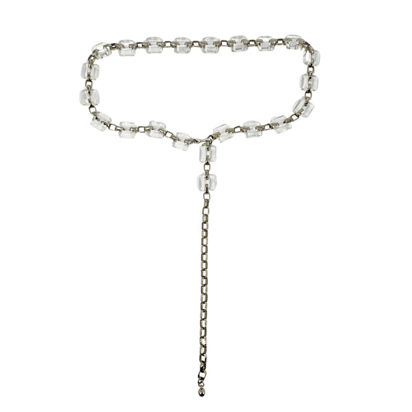 Silver-tone chain belt with clear lucite cube segments and vertical tassel drop
