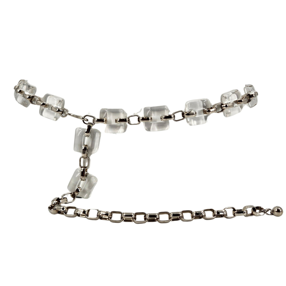Clear lucite cube chain belt with silver-tone links and long drop detail