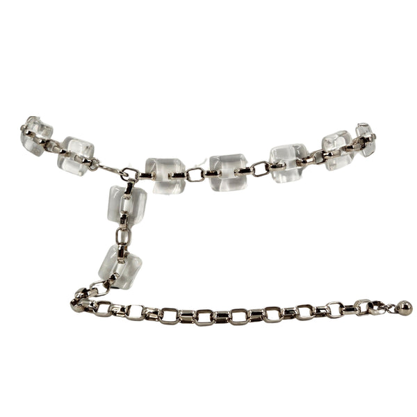 Clear lucite cube chain belt with silver-tone links and layered hanging sections