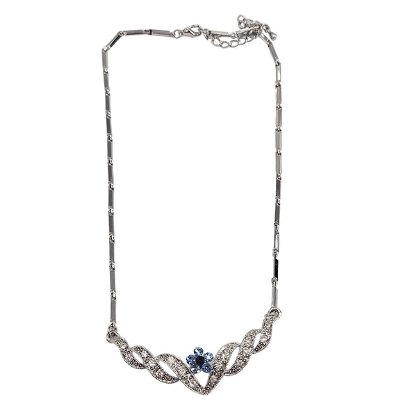 Silvertone rhinestone necklace with blue center stone and curved V-shaped front motif