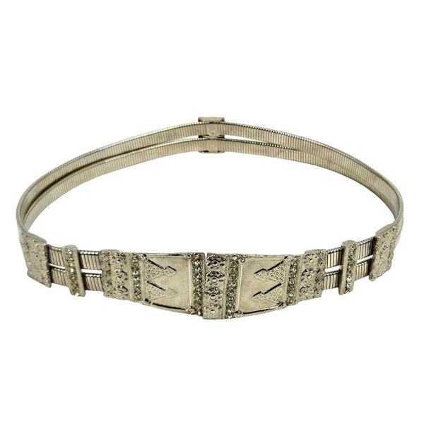 Silver stretch medium belt with ornate geometric panels and textured center plates