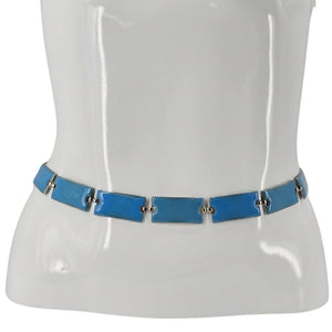 Blue enamel chain belt with rectangular links and silver-tone buckles