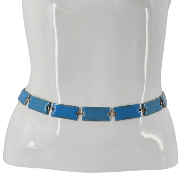 Blue enamel chain belt with rectangular links and silver-tone buckles