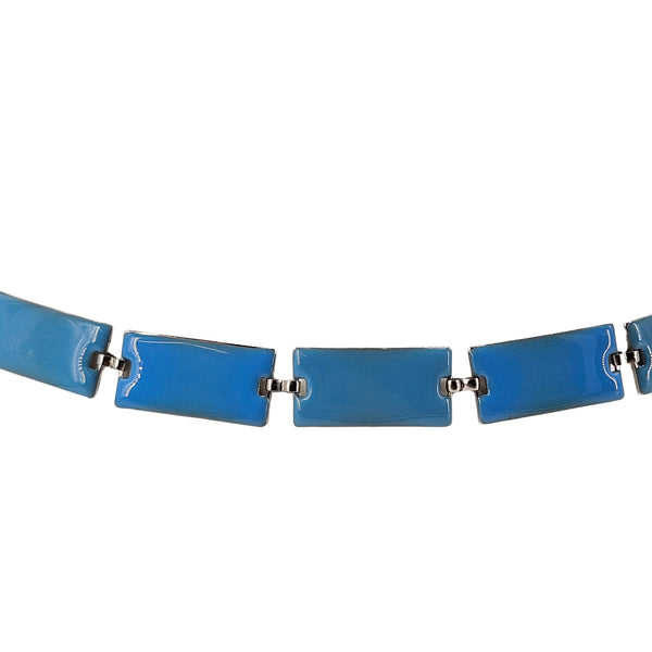 Blue enamel chain belt centerpiece with rectangular links and metal connectors