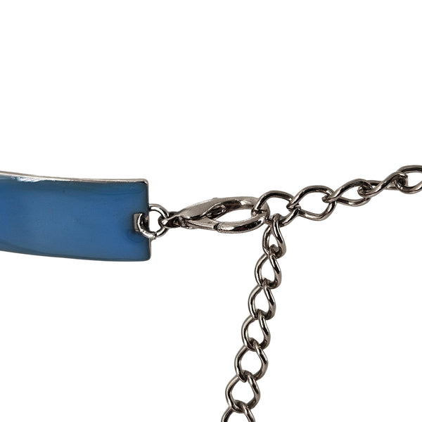 Detail view of blue enamel chain belt clasp with round link chain extension