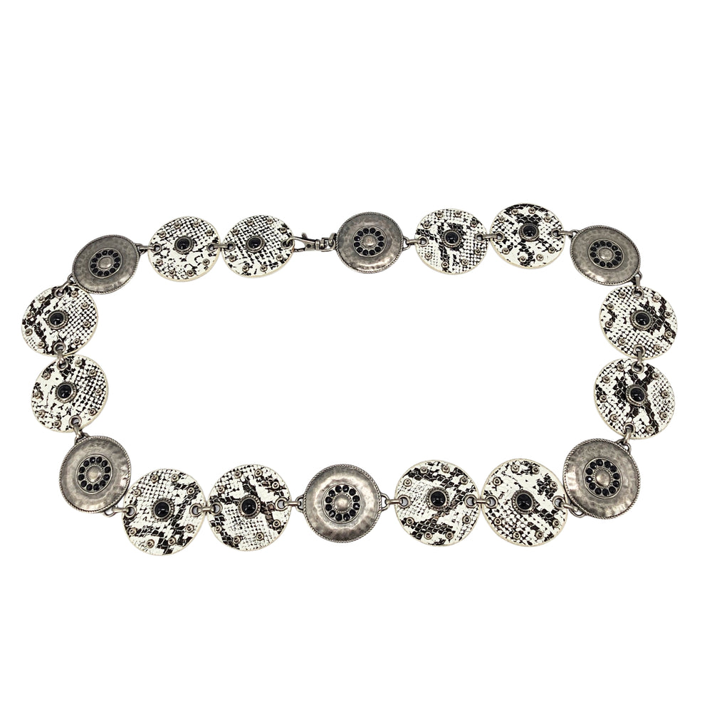 Adjustable faux snakeskin circle belt with silver-tone linked round medallions