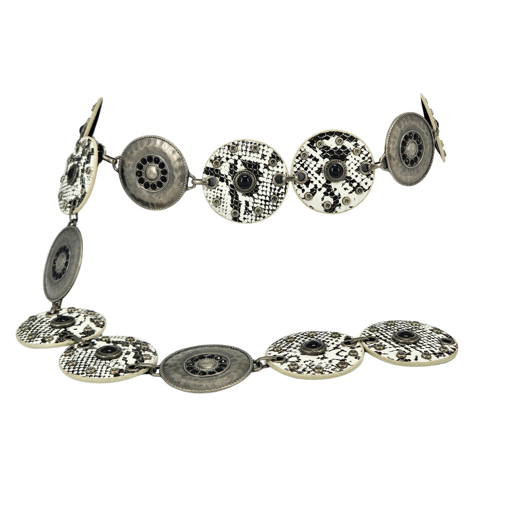 Adjustable faux snakeskin circle belt with silver-tone linked round medallions