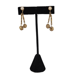 Gold filigree faux pearl dangle earrings with four-piece charm drops
