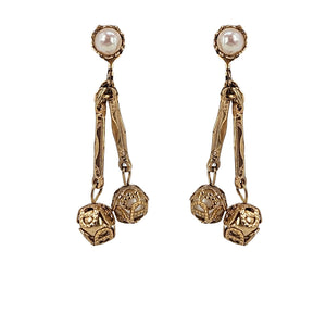 Gold filigree faux pearl drop earrings with dangling heart and coin charms