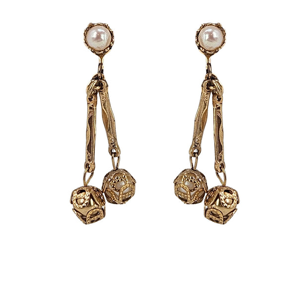 Gold filigree faux pearl drop earrings with dangling heart and coin charms