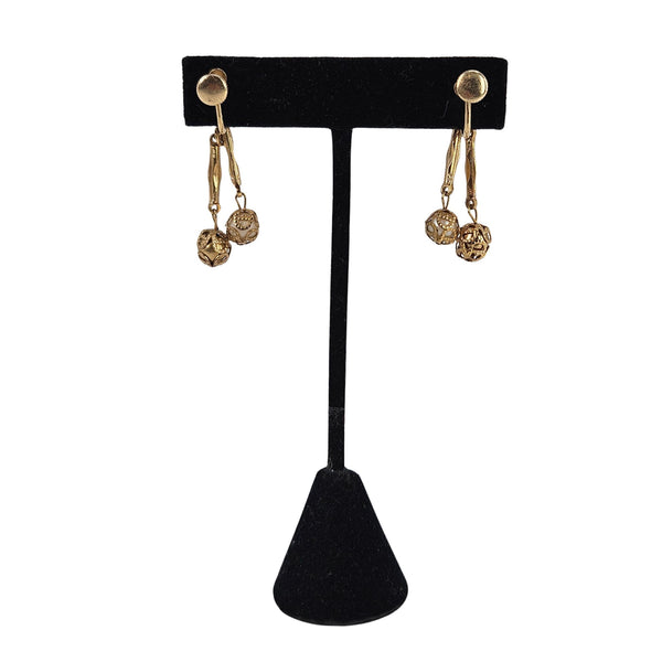 Gold filigree drop earrings with faux pearl top and small dangling coin charms