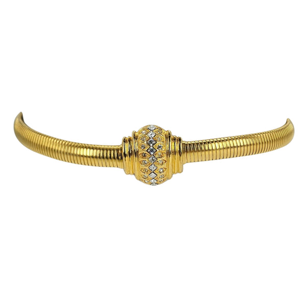 Vintage 1980s Rhinestone Oval Clasp Gold-Tone Stretch Snake Chain Belt