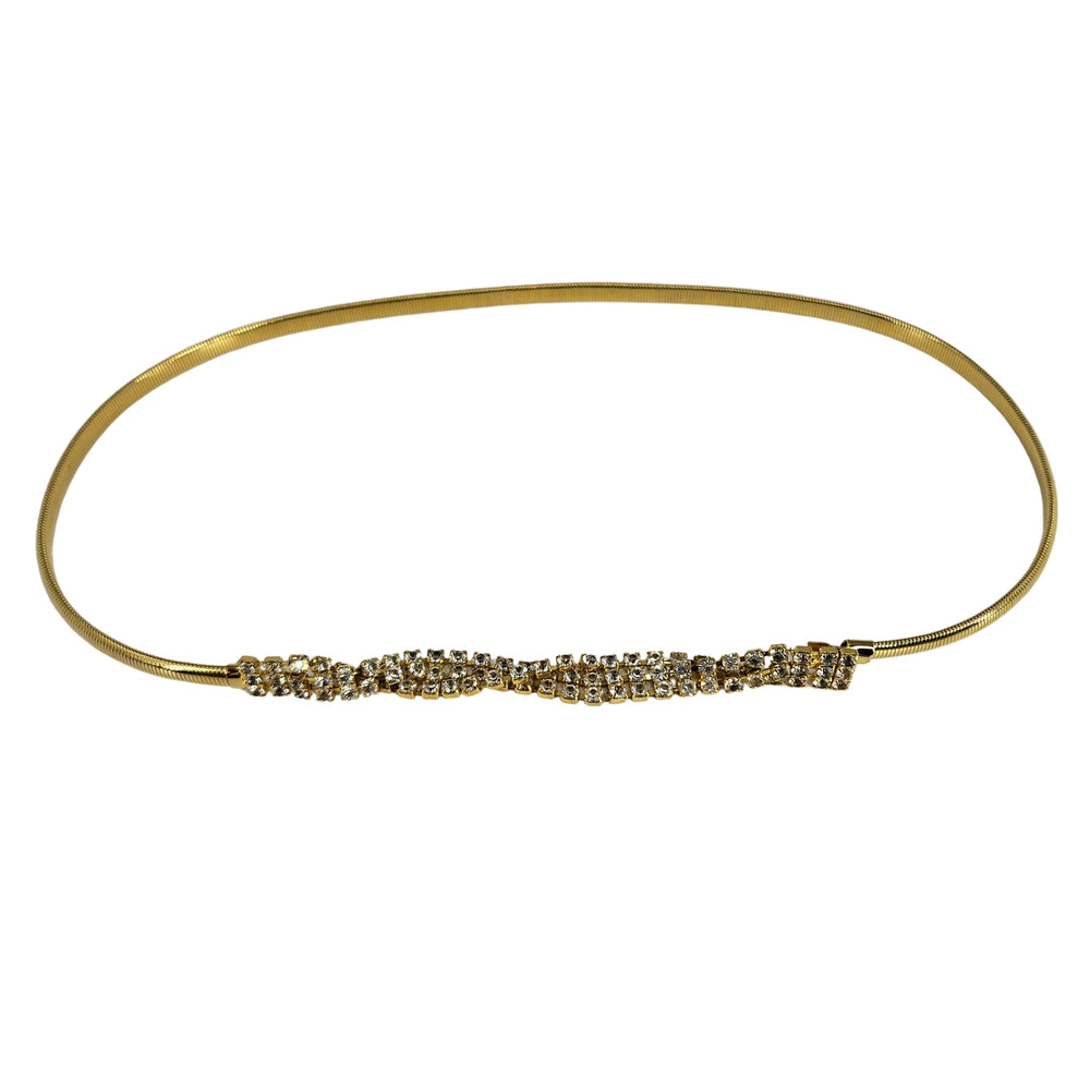 Gold-tone stretch snake belt with rhinestone beaded center and slim loop ends