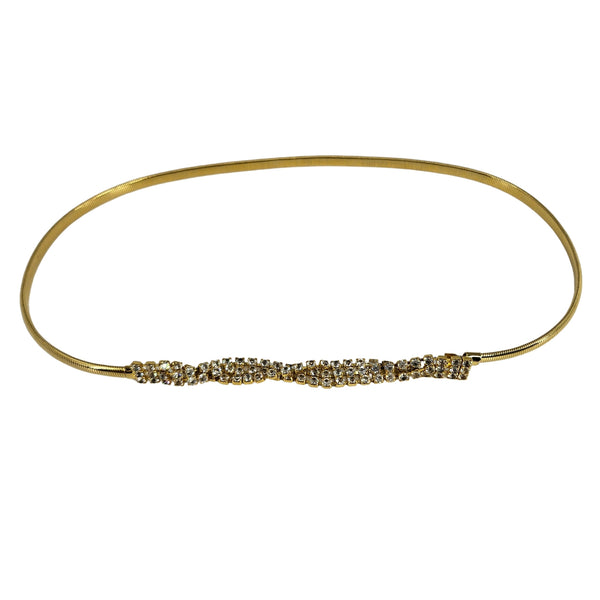 Gold-tone stretch snake belt with rhinestone beaded center and slim loop ends