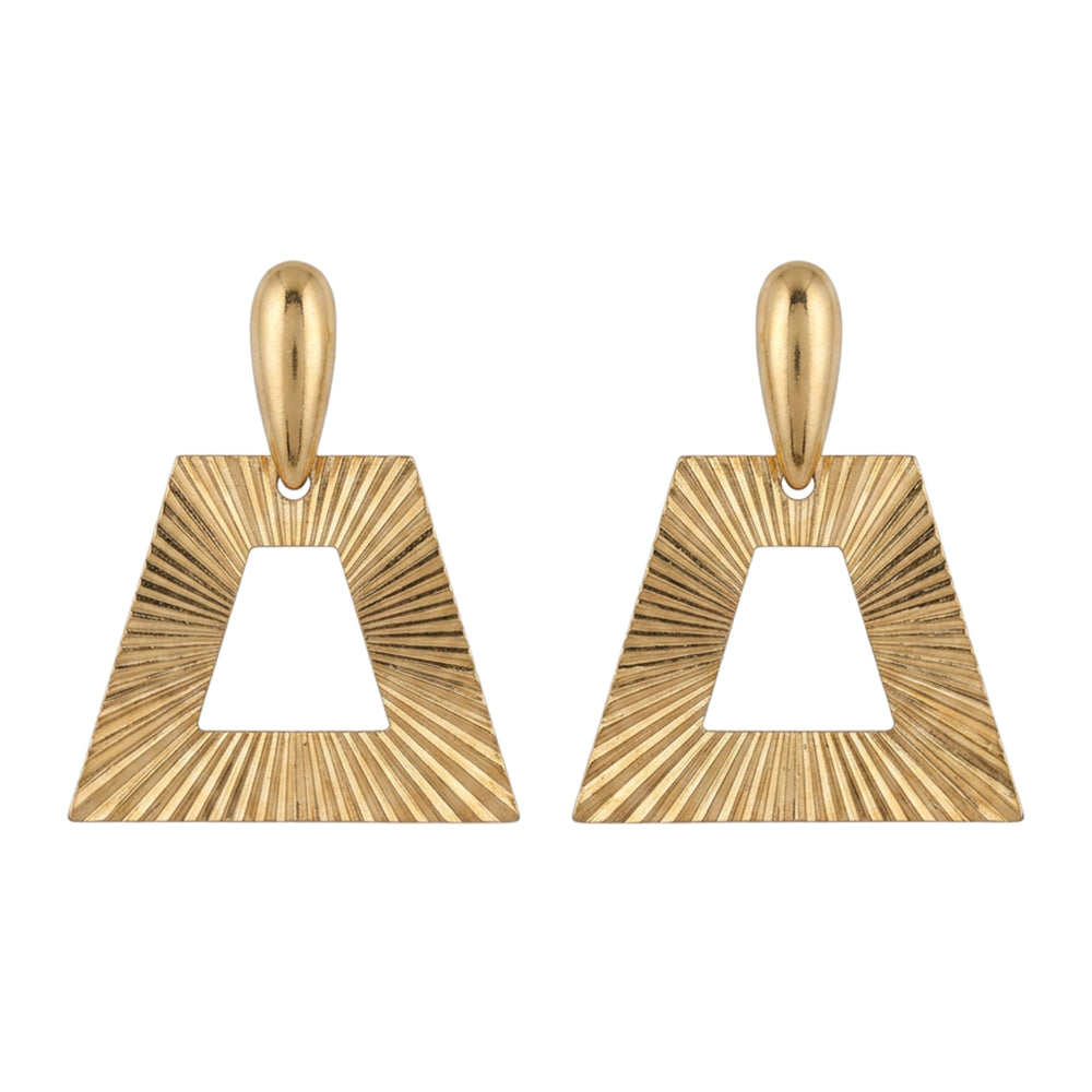 Pair of goldtone geometric clip-on earrings with textured triangle drops