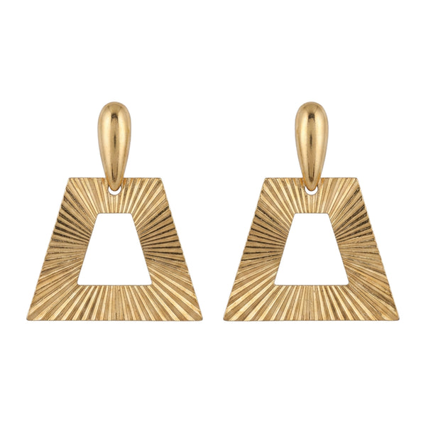 Pair of goldtone geometric clip-on earrings with textured triangle drops