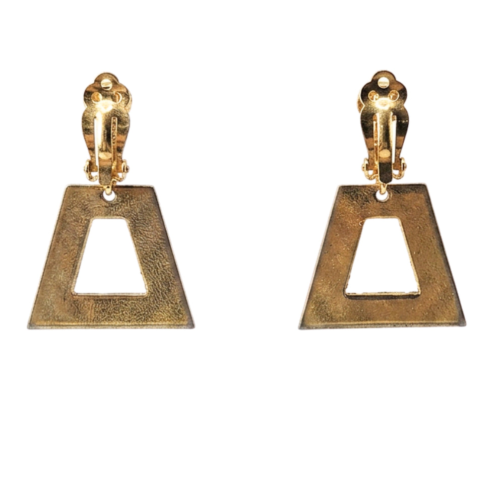 Pair of goldtone geometric clip-on earrings with textured triangle drops