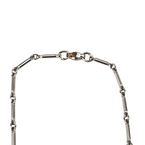Silver-tone rhodium-plated necklace with chain links and round clasp at top.