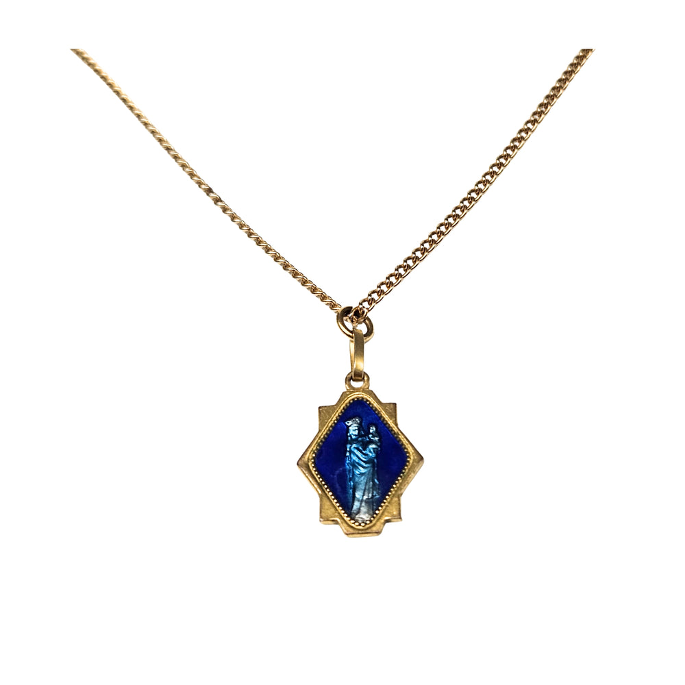 Gold-tone chain necklace with blue Virgin Mary cameo style pendant