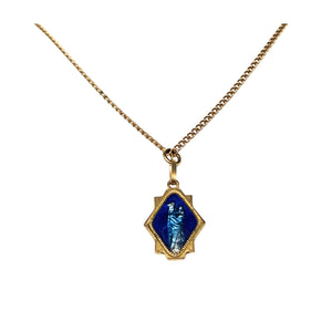 Gold-tone chain necklace with blue Virgin Mary pendant and bail loop